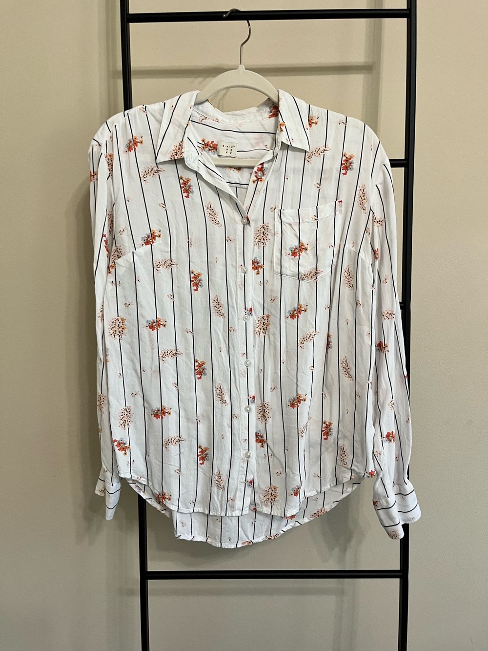 A New Day 100% Cotton Striped Floral Button Down Blouse Lightweight Medium M